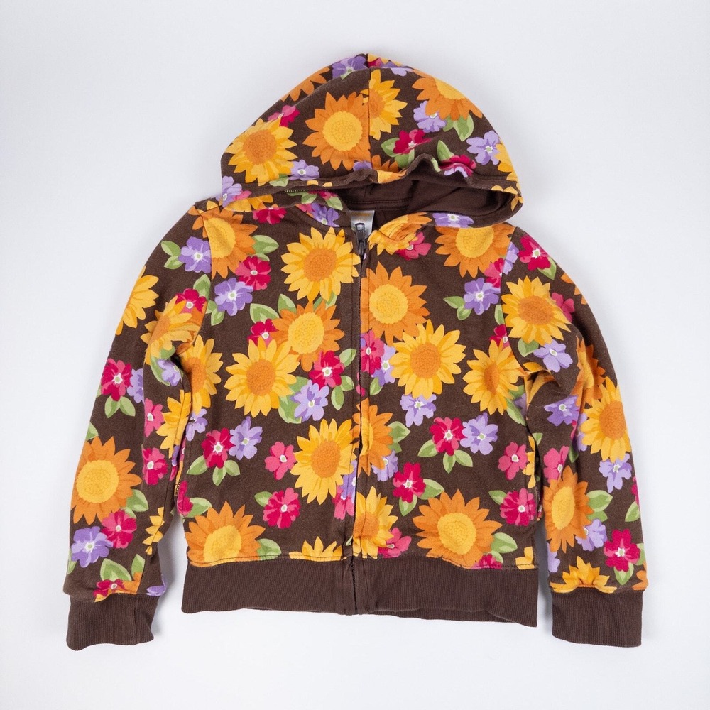 Gymboree Floral Hoodie Kids 5-6 Brown Sunflower‎ Print Zip Front Sweatshirt